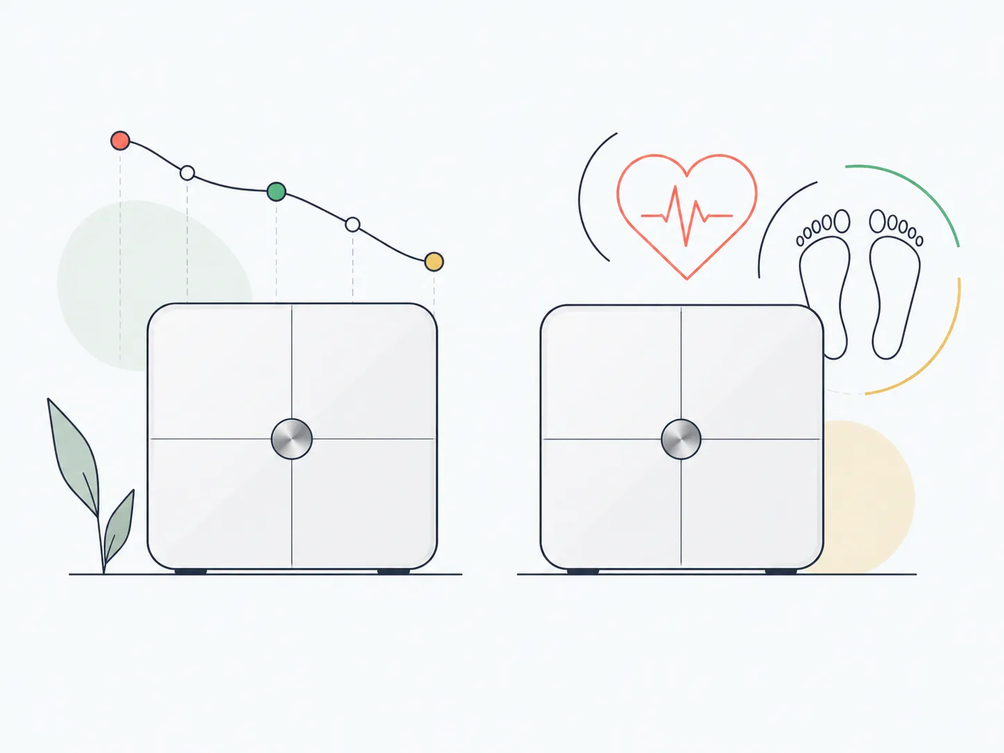 Illustration of two scales beside a weight trend and additional heart and foot symbols