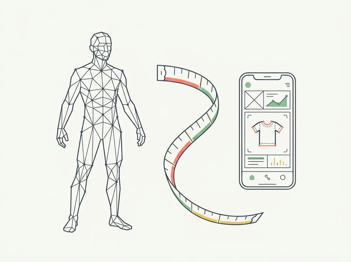 Illustration of a three-dimensional body mesh, measuring tape, phone, and optional dotted garment
