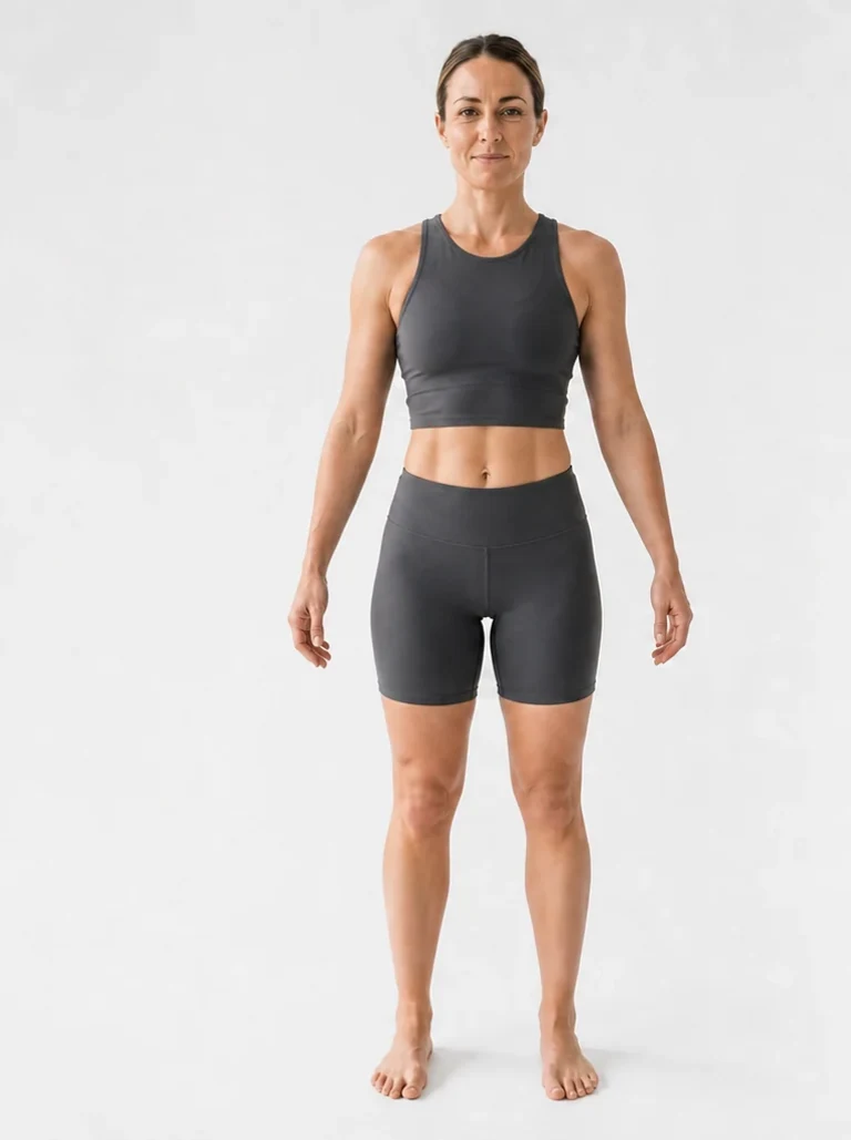 18 percent body fat female front view with visible abdominal definition