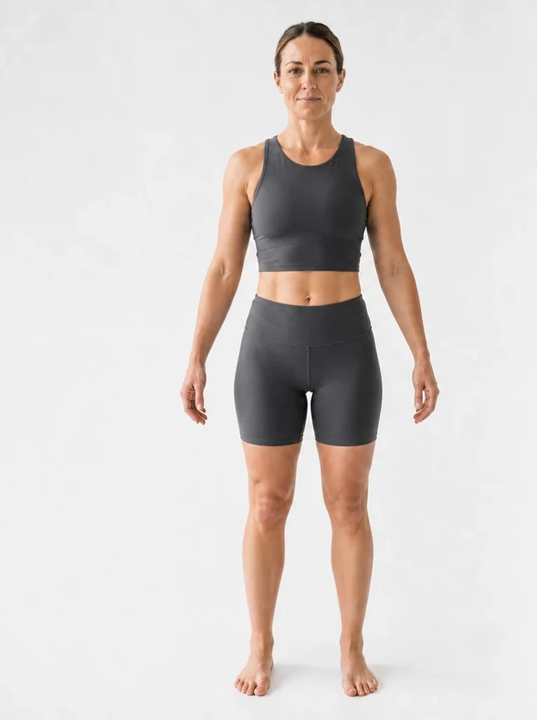 20 percent body fat female front view with a flat waist and athletic tone