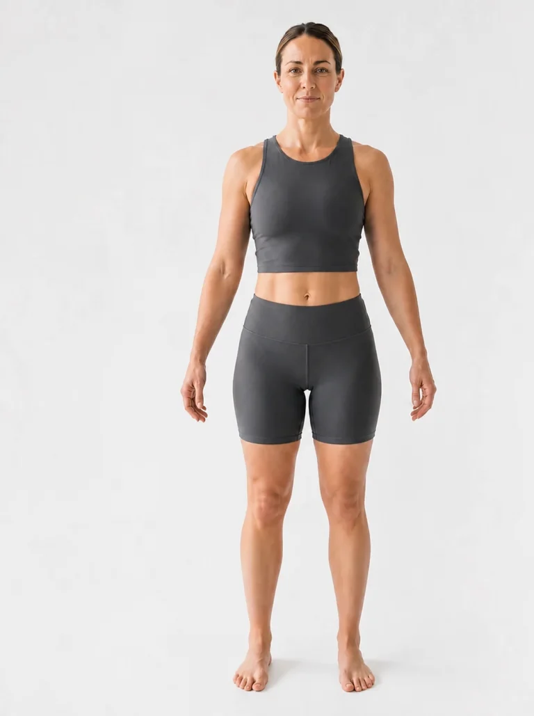 21 percent body fat female front view with a flat athletic waist