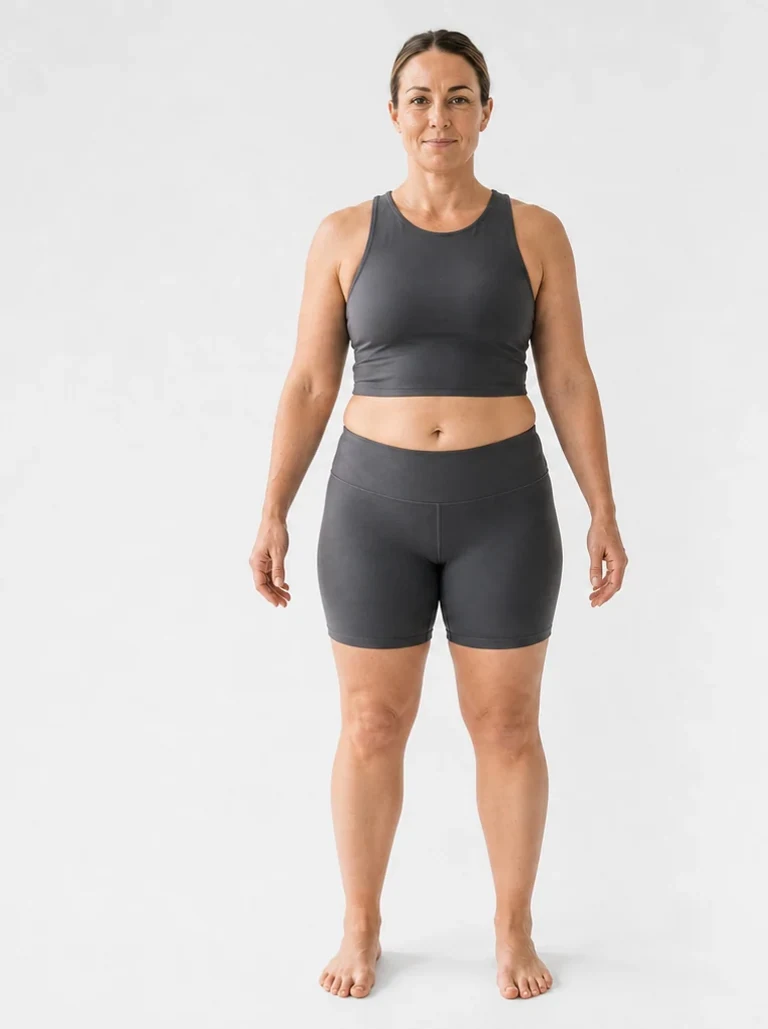 25 percent body fat female front view with a soft waist and fuller hips