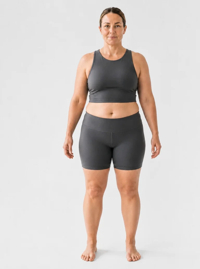 27 percent body fat female front view with a soft waist and fuller hips