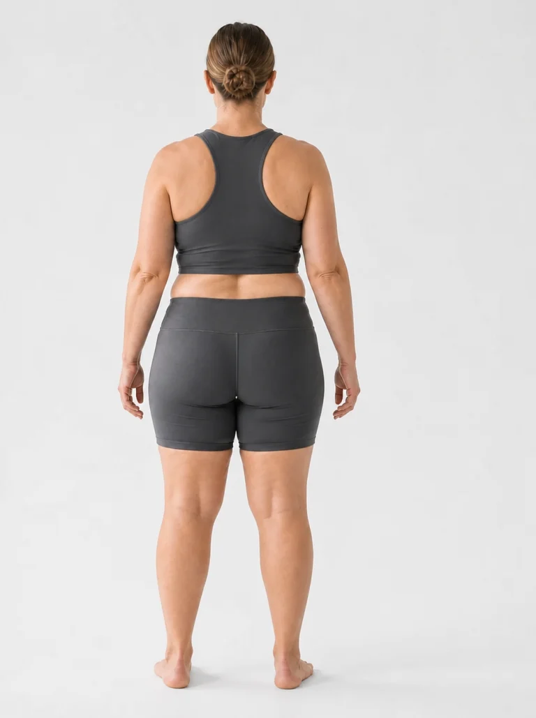 28 percent body fat female back view with fuller hips and thighs
