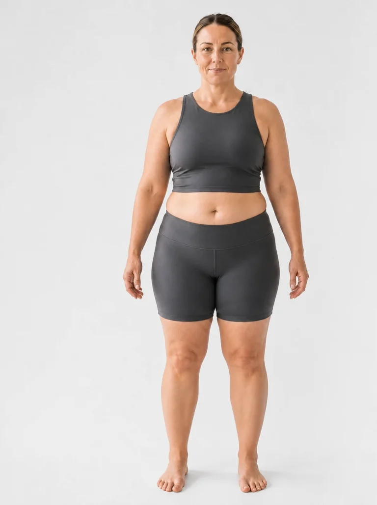 28 percent body fat female front view with a gently rounded midsection