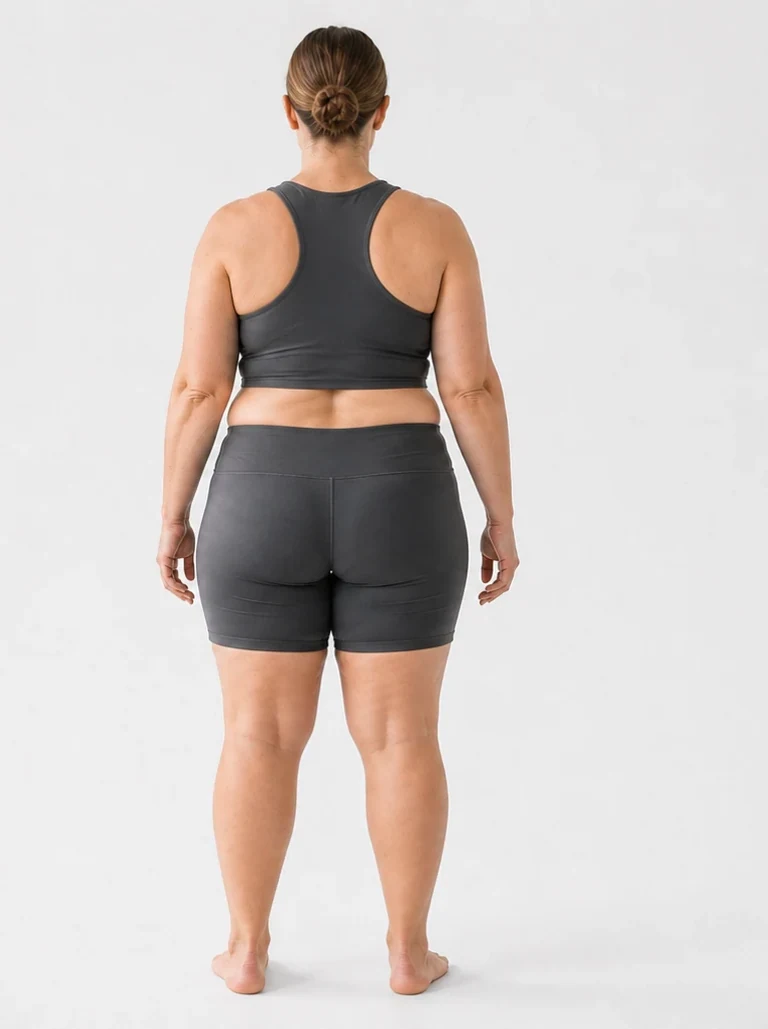 30 percent body fat female back view with fuller hips and lower-back softness