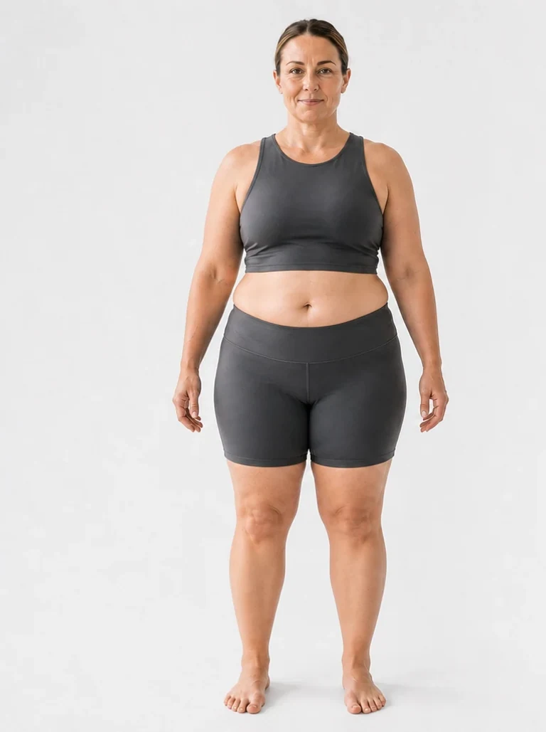 30 percent body fat female front view with a softly rounded midsection