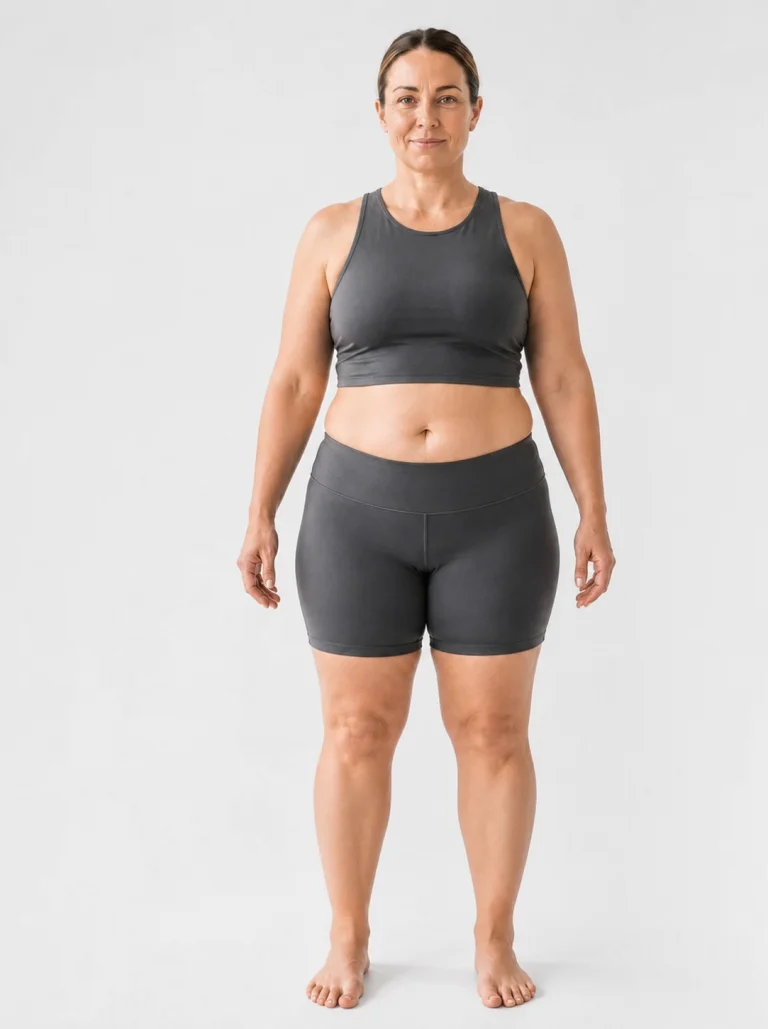 32 percent body fat female front view with a broader softly rounded waist