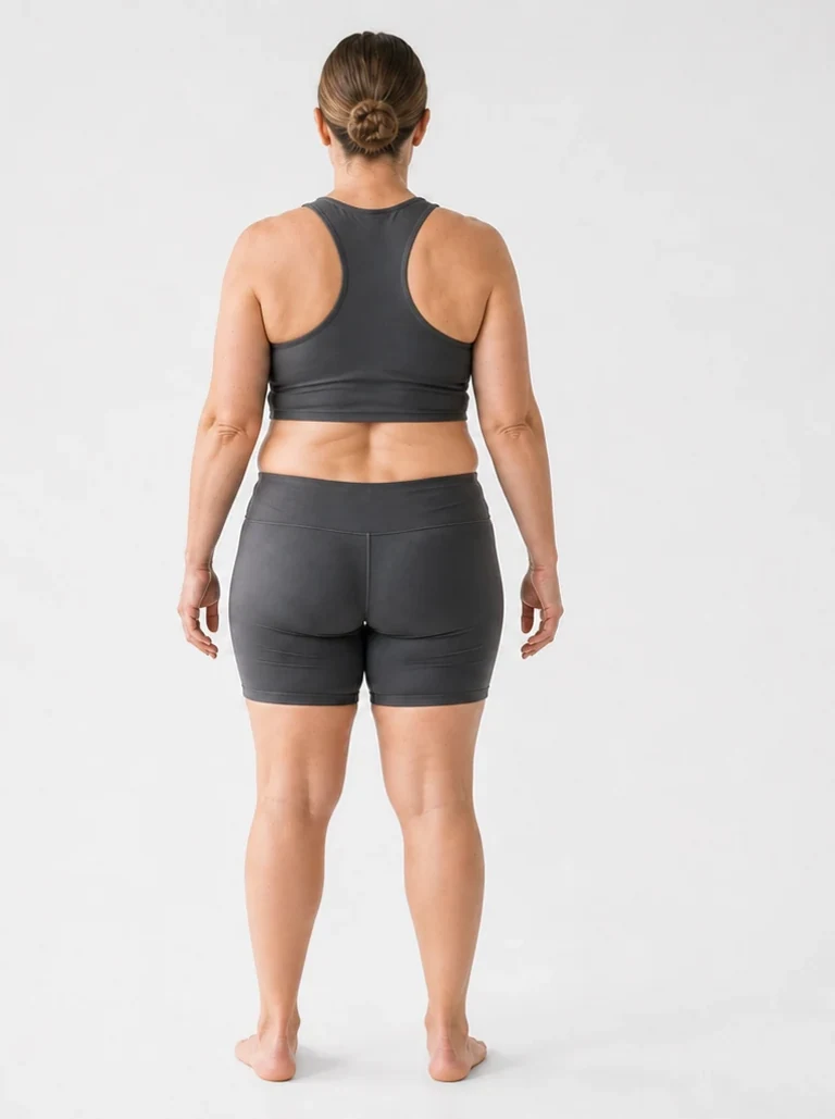 35 percent body fat female back view with visible lower-back and hip fat