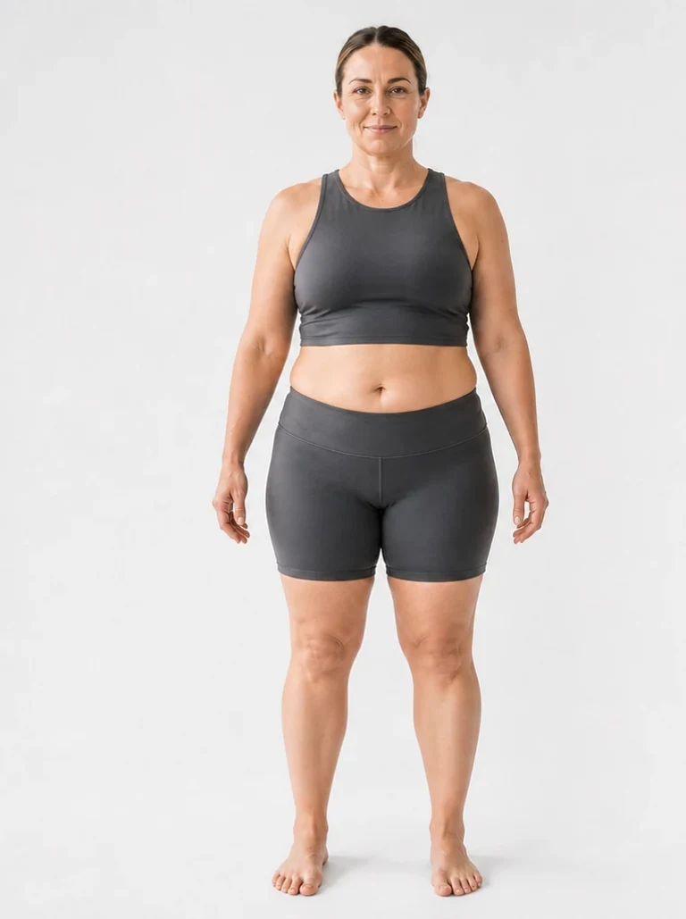 35 percent body fat female front view with a broader rounded waist