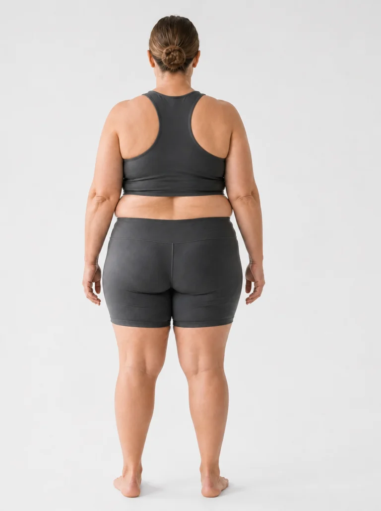 37 percent body fat female back view with pronounced waist, hip, and thigh softness