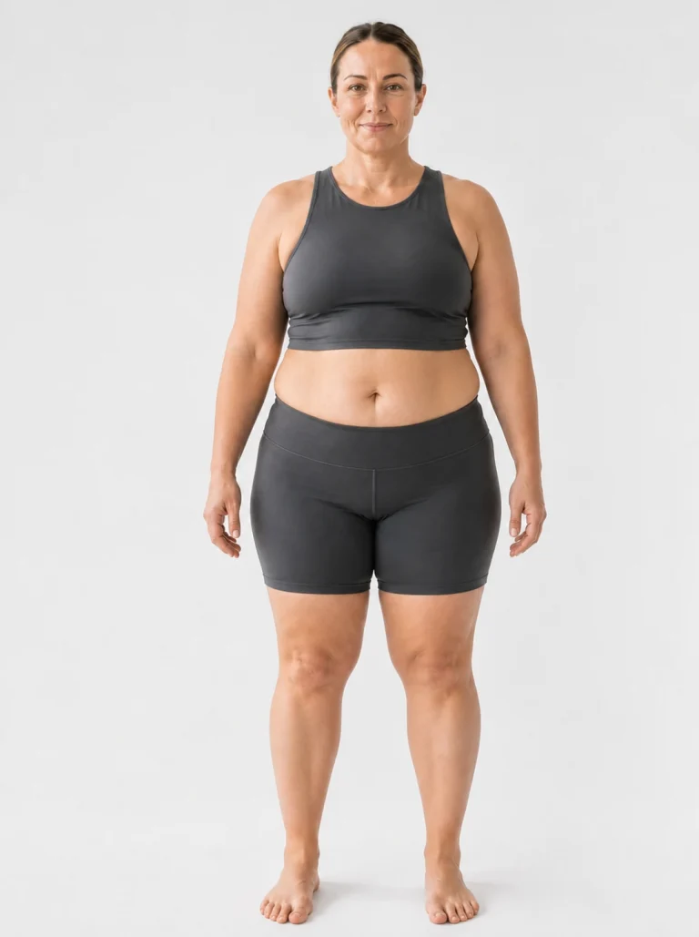 37 percent body fat female front view with pronounced trunk and limb softness