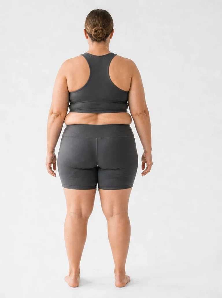 40 percent body fat female back view with significant trunk, hip, and thigh fat