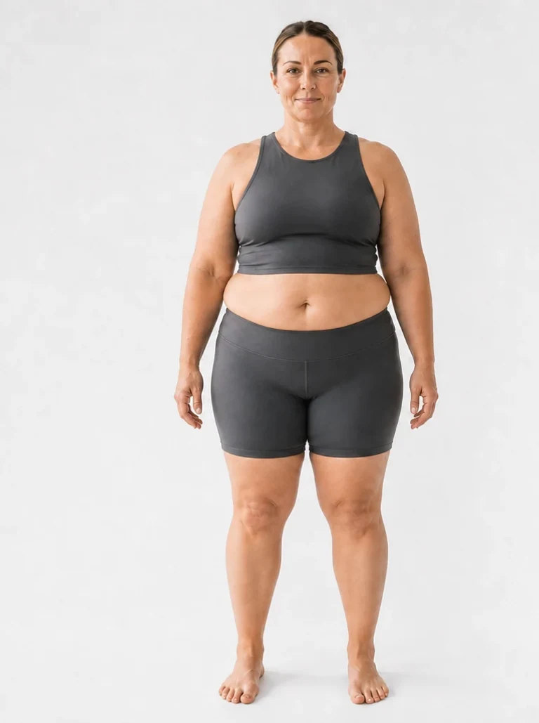 40 percent body fat female front view with significant midsection and limb fat