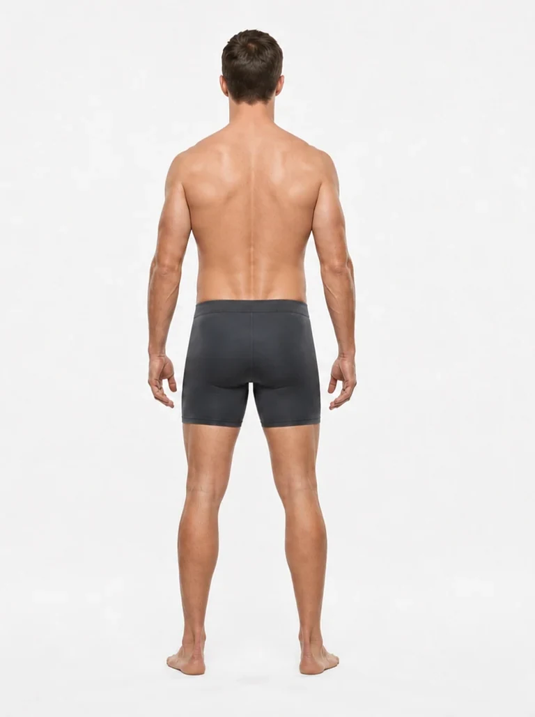 12 percent body fat male back view with lean waist and defined upper back