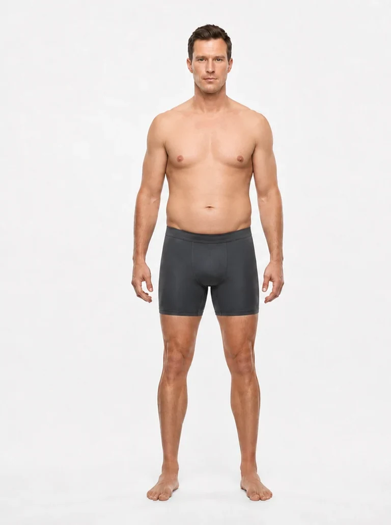 20 percent body fat male front view with a smooth relaxed waist