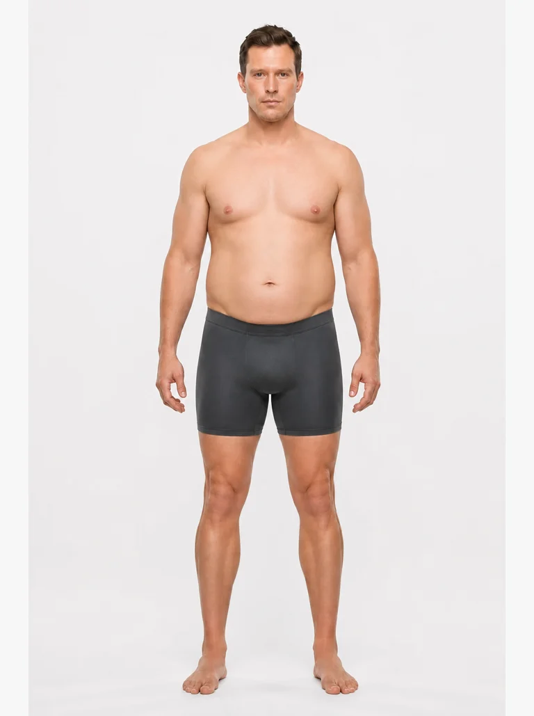 27 percent body fat male front view with a pronounced rounded abdomen