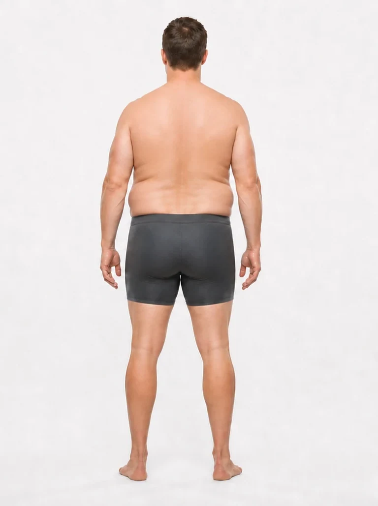 30 percent body fat male back view with substantial waist and lower-back fat